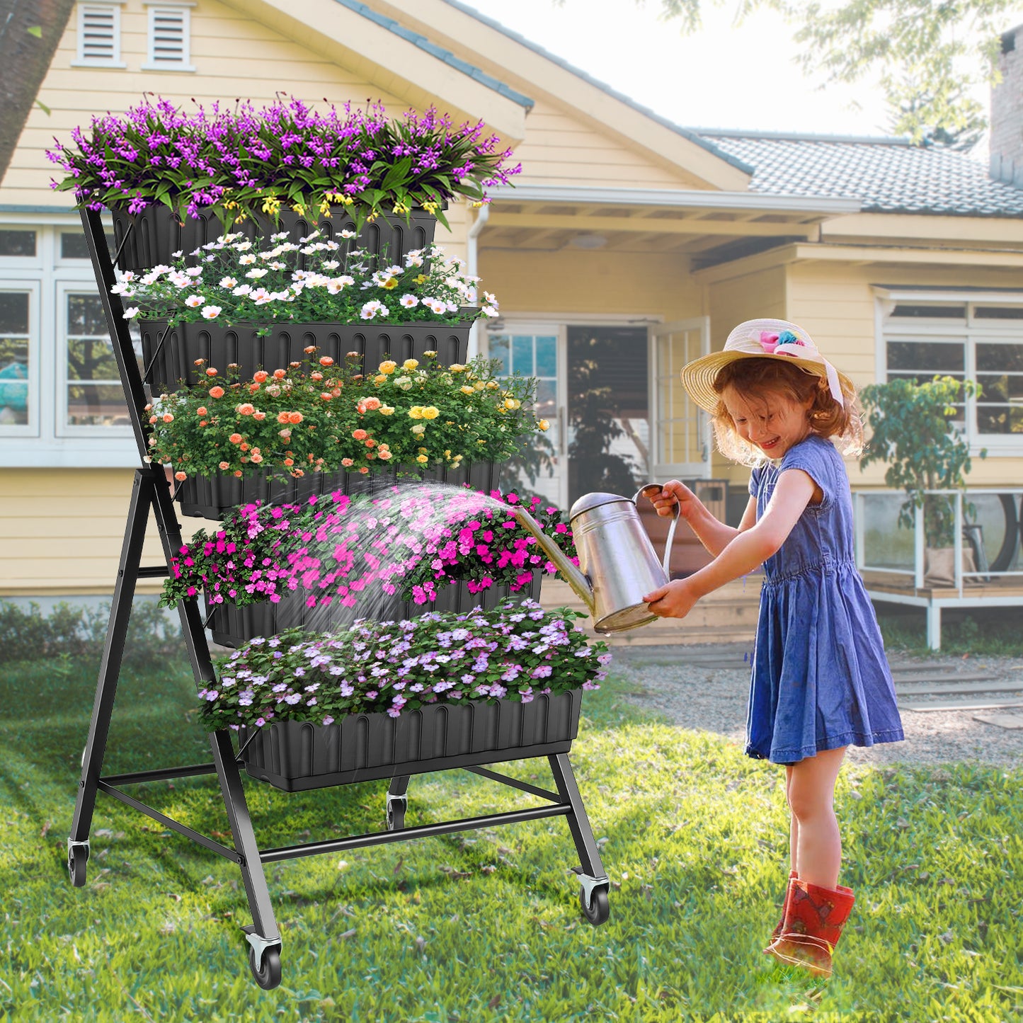 KRISRATE 2 Pack 5-Tier Vertical Raised Garden Bed with Wheels, 27"×30"×48" Elevated Planter Boxes with Hooks, Mobile Vegetable Herb Flower Stand Black