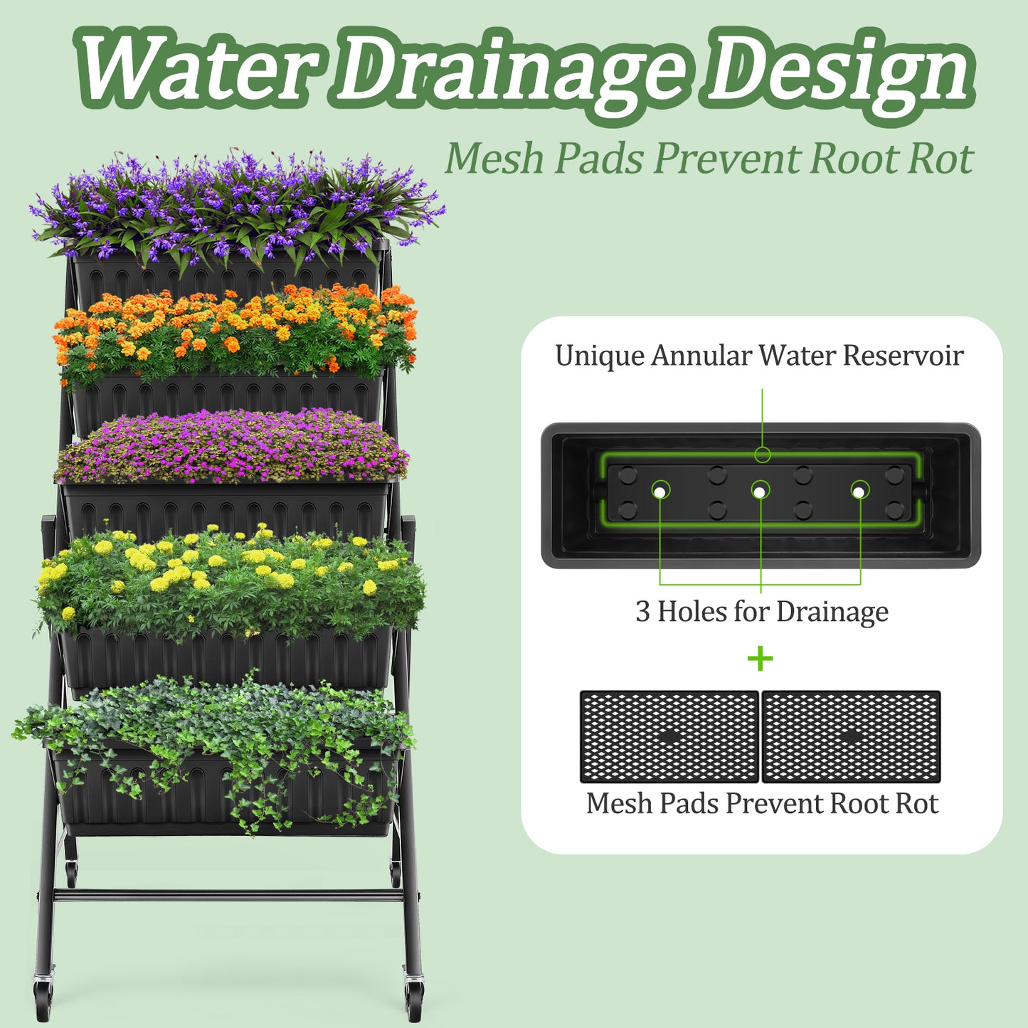 KRISRATE 2 Pack 5-Tier Vertical Raised Garden Bed with Wheels, 27"×30"×48" Elevated Planter Boxes with Hooks, Mobile Vegetable Herb Flower Stand Black