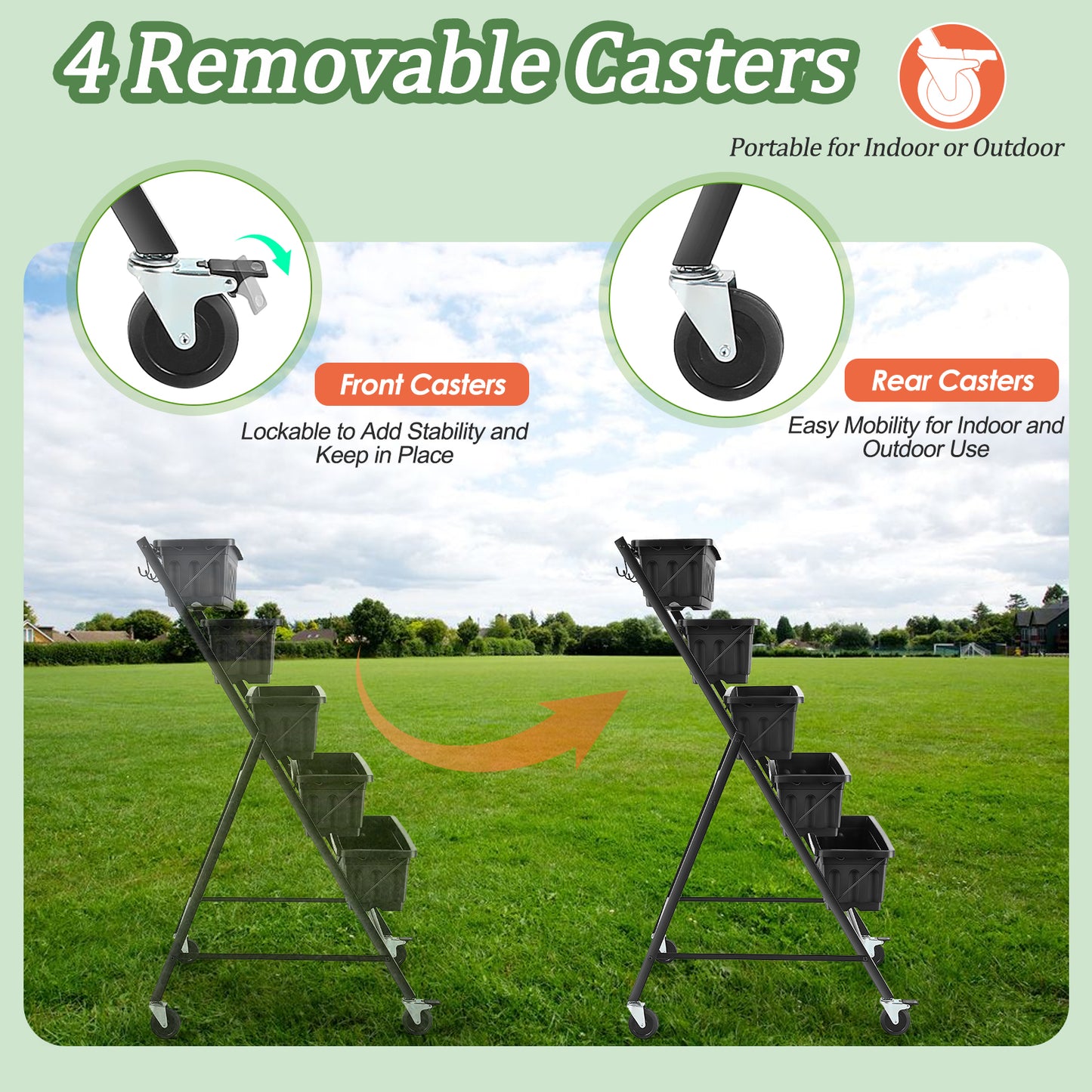 KRISRATE 2 Pack 5-Tier Vertical Raised Garden Bed with Wheels, 27"×30"×48" Elevated Planter Boxes with Hooks, Mobile Vegetable Herb Flower Stand Black