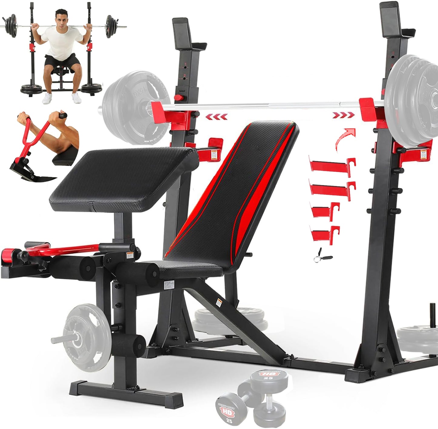 KRISRATE Weight Bench Set with Leg Extension and Curl, 900LBS Bench Press Set and Barbell Rack with Safety Spotter Catches, Preacher Curl for Home Gym