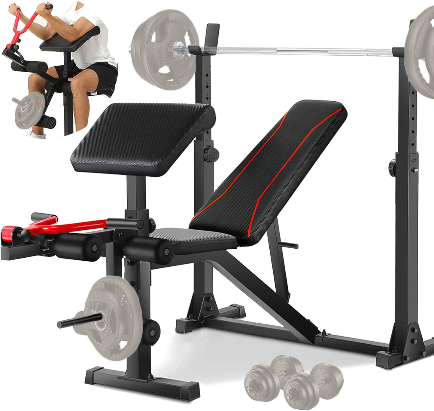 KRISRATE Weight Bench Set with Leg Extension and Curl, Home Gym Bench Press Set & Barbell Rack, Safety Spotter Catches, Preacher Curl Workout Benches