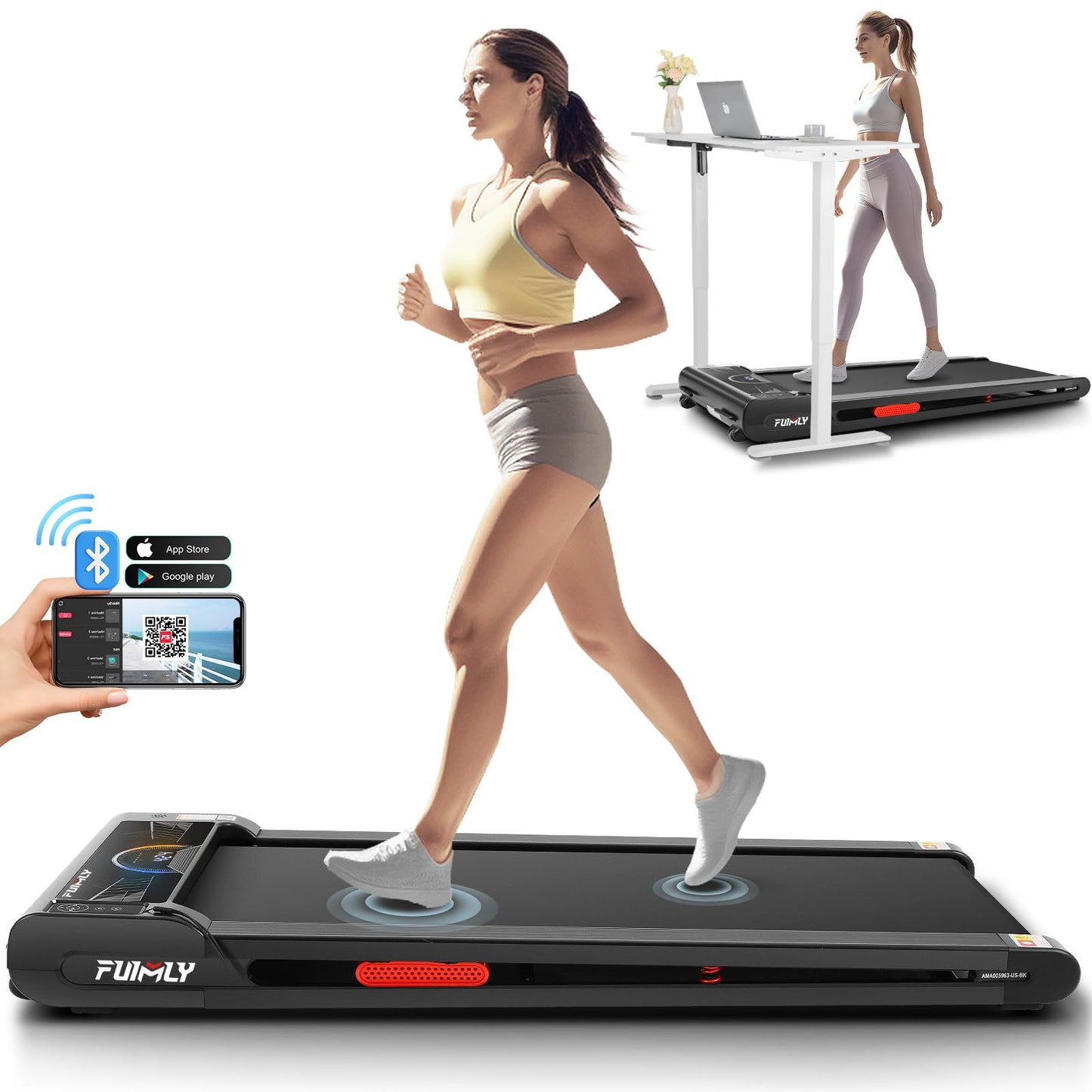 FUNMILY Walking Pad 2 in 1 Under Desk Treadmill, 2.5HP Electric Treadmills for Home 300lbs Weight Capacity, Smart App &amp; Bluetooth Remote Control Running Machine with Shock Absorption System &amp; LED Display