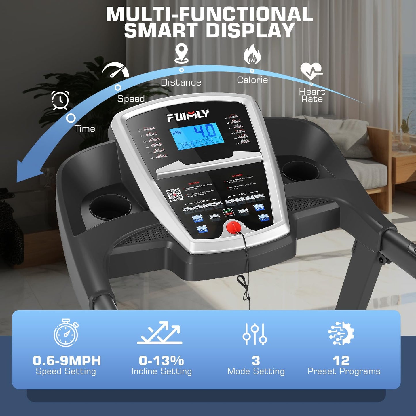 FUNMILY Foldable 13% Auto Incline 3HP Treadmill for Home , 300 lb Capacity,Speed Range 0.6~9MPH
