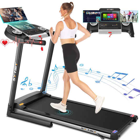 SYTIRY 3.25HP Folding Incline Treadmill with Large 10" HD TV Touch