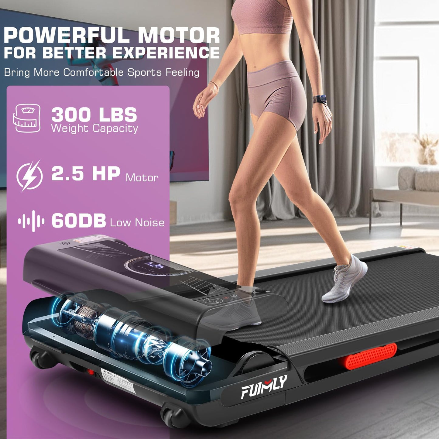 FUNMILY Walking Pad 2 in 1 Under Desk Treadmill, 2.5HP Electric Treadmills for Home 300lbs Weight Capacity, Smart App &amp; Bluetooth Remote Control Running Machine with Shock Absorption System &amp; LED Display