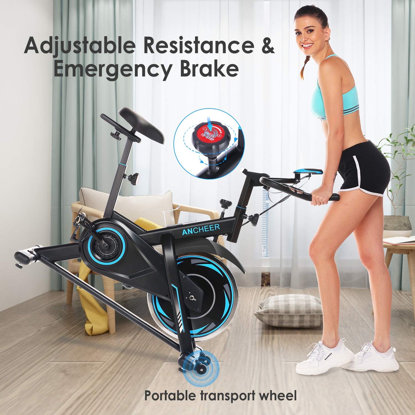 ANCHEER Exercise Bike, Indoor Cycling Bike with Seat Cushion, Holder and LCD Monitor for Home