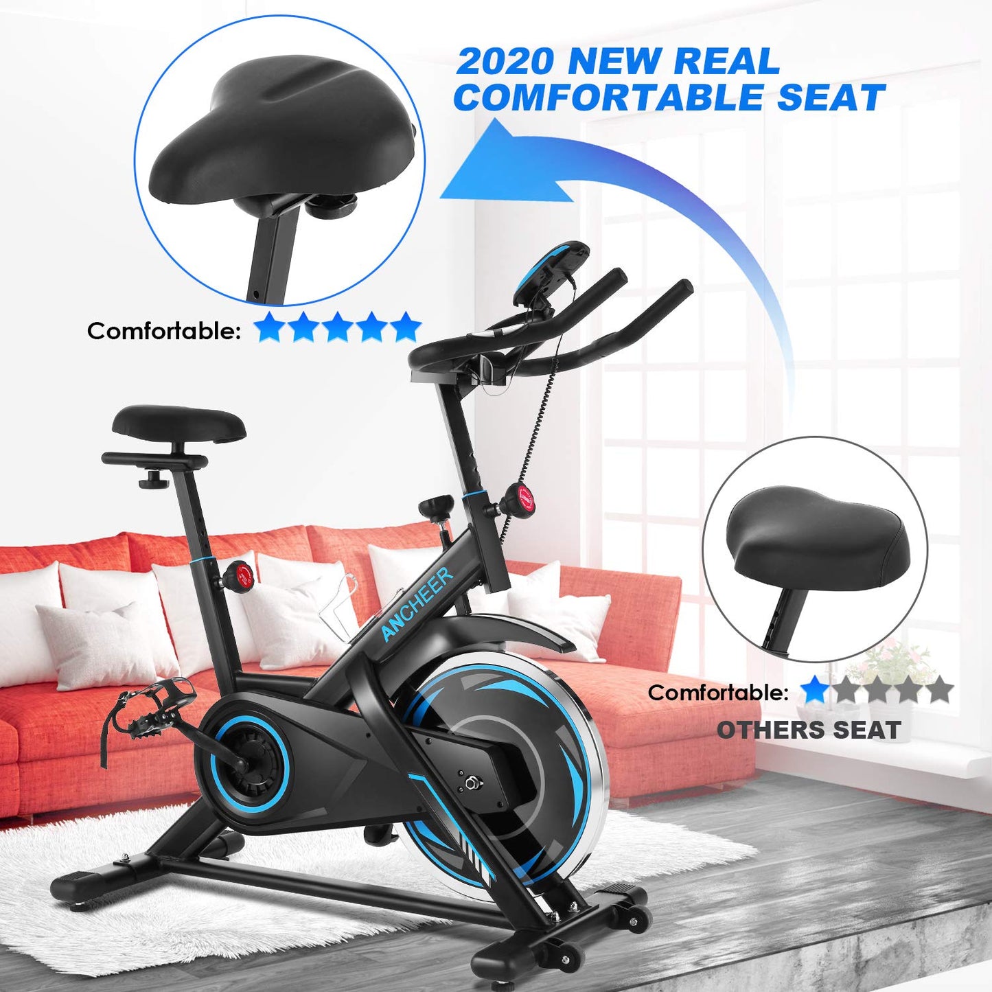 ANCHEER Exercise Bike, Indoor Cycling Bike with Seat Cushion, Holder and LCD Monitor for Home