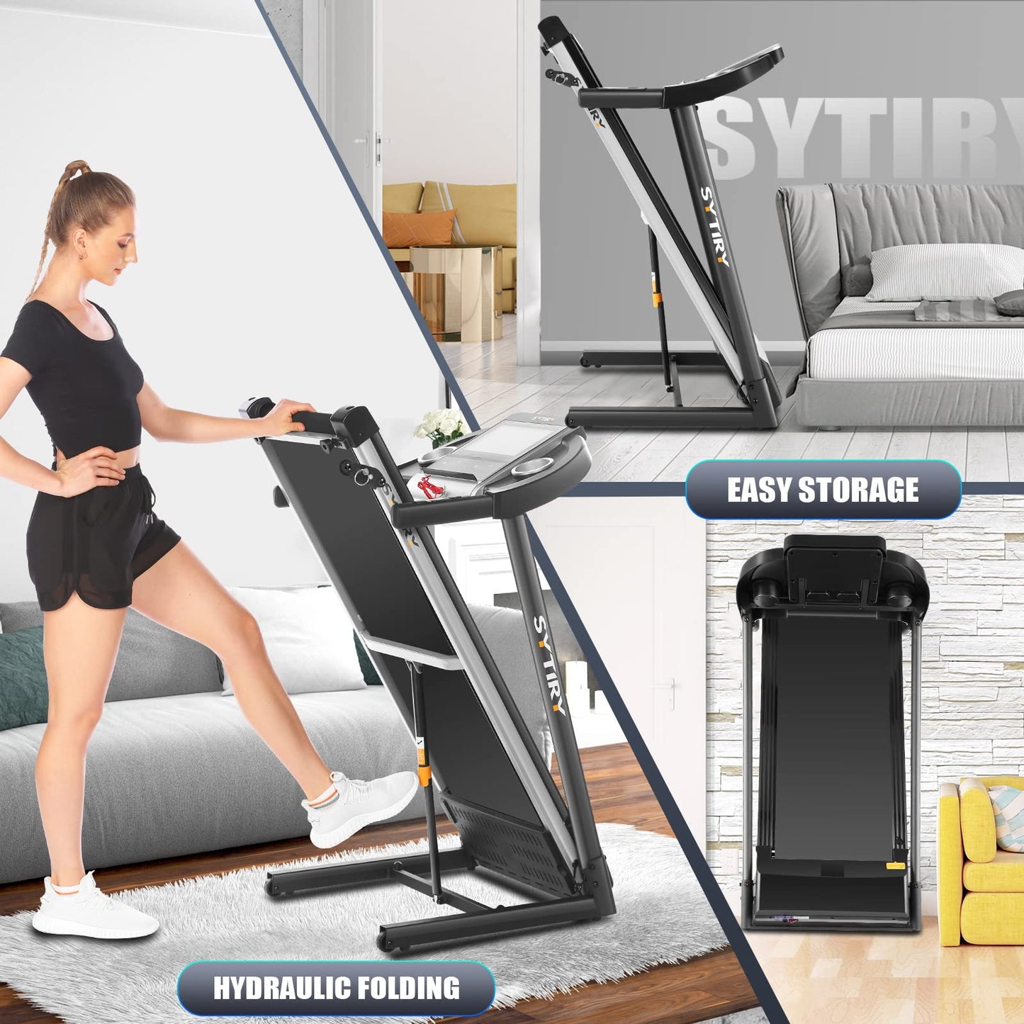 SYTIRY 3.25HP Folding Incline Treadmill with Large 10" HD TV Touch