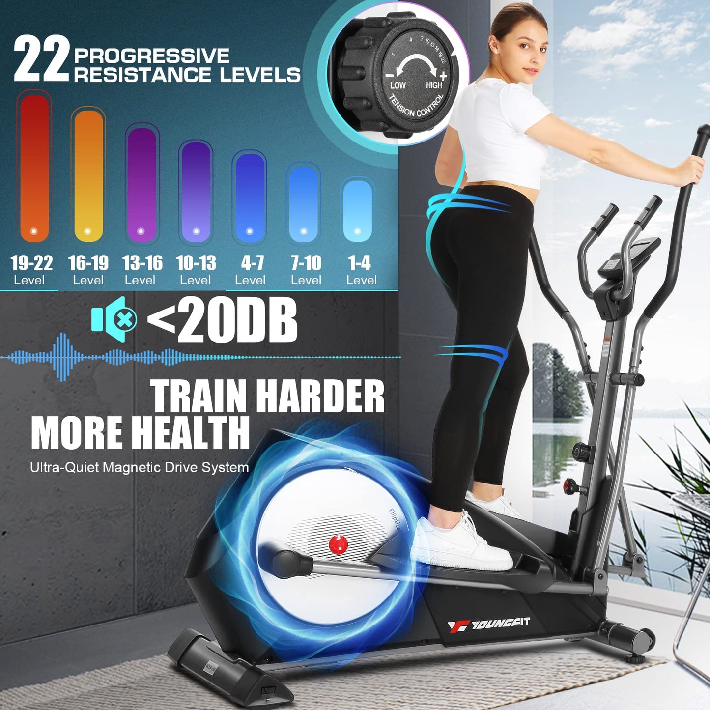 YOUNGFIT Elliptical Exercise Machine Trainer with 22 Resistance Levels