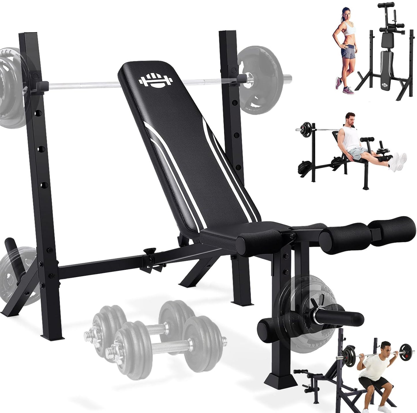 KRISRATE 900LBS Weight Bench Set with Squat Rack, Adjustable Bench Press Set with Leg Extension and Leg Curl, Flat Incline Decline Workout Bench